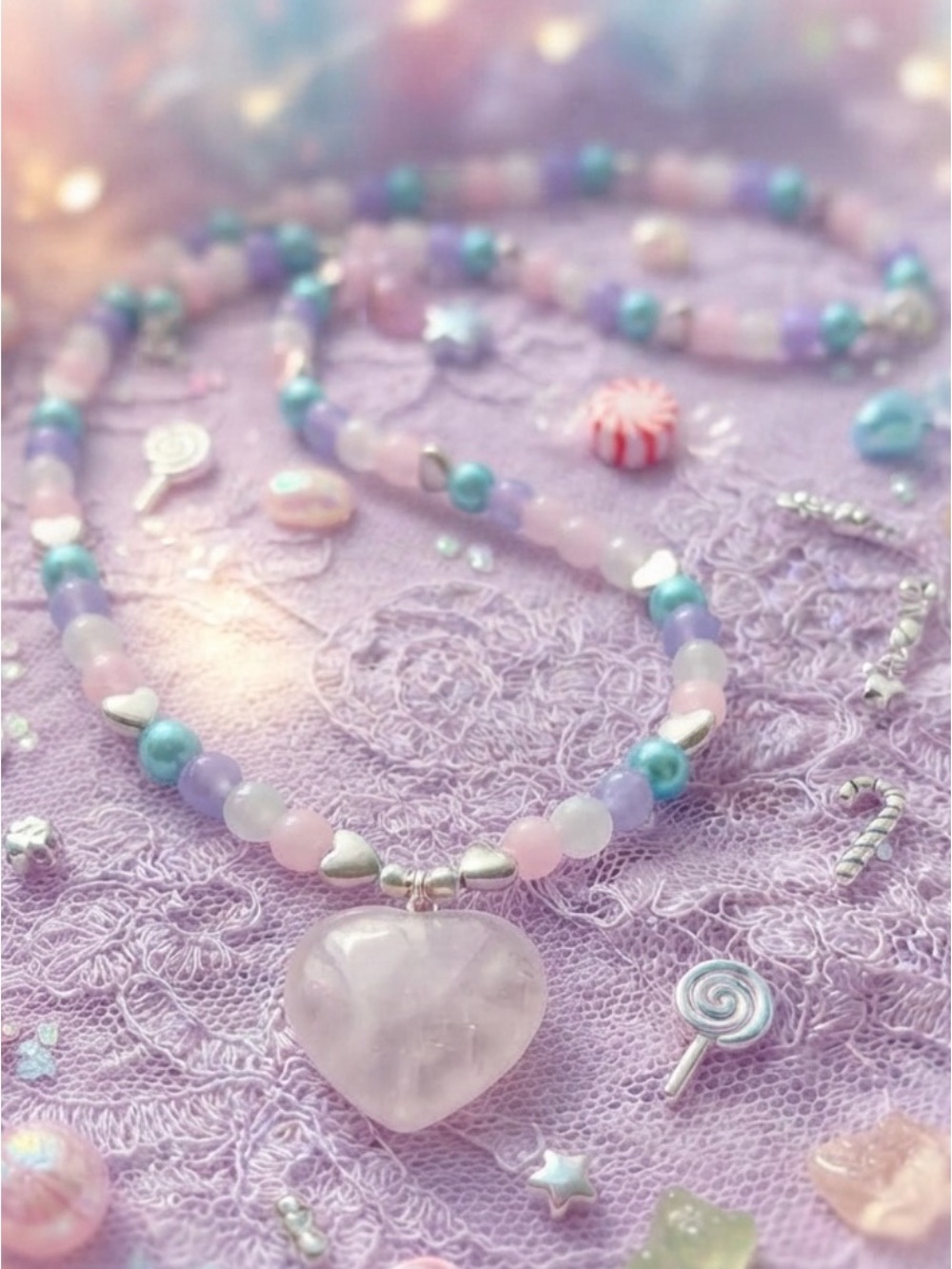 Candy DayDream Necklace (Candy Pink Glass, Pastel Rainbow Hematite Hearts, Jade)